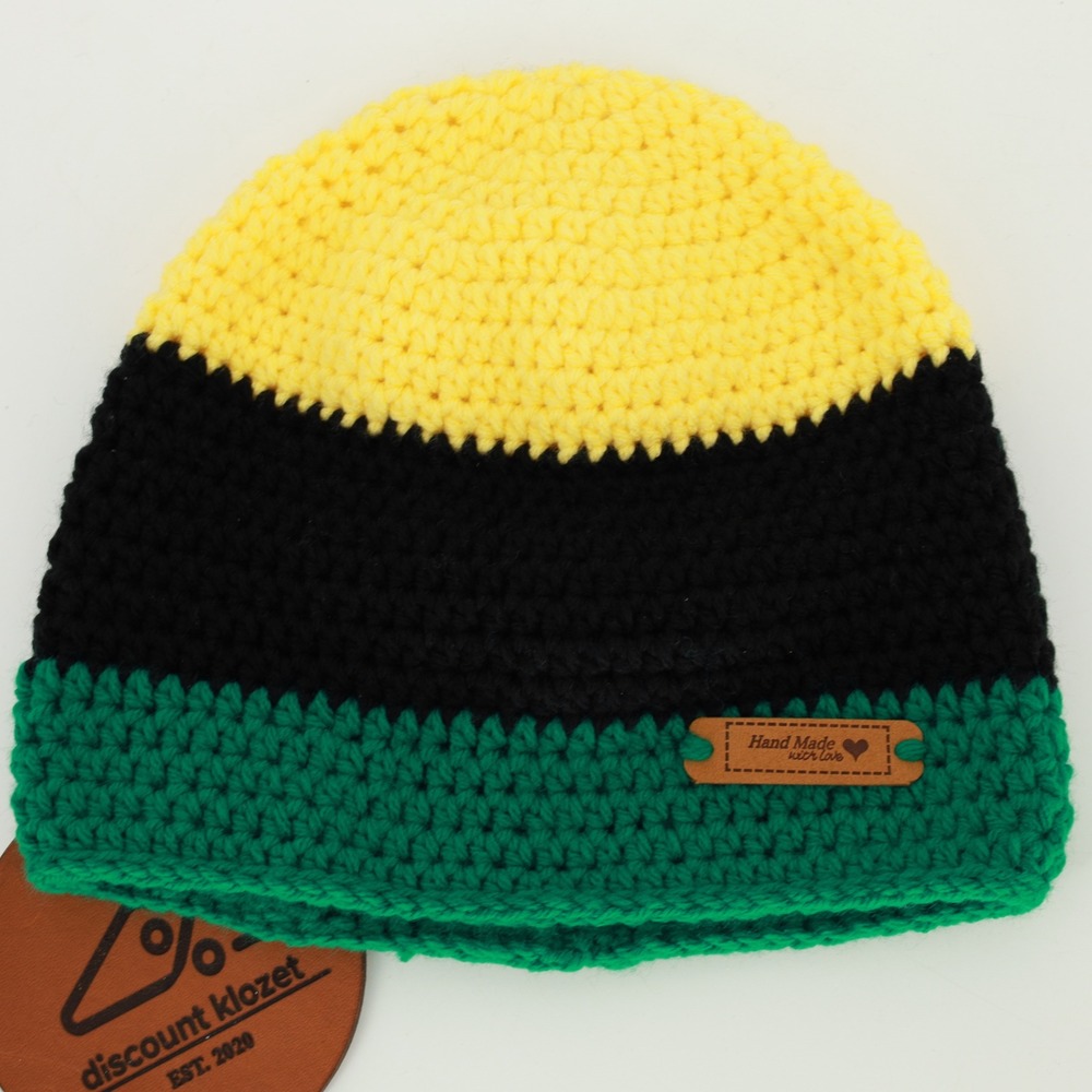 Handmade Crochet Beanie Yellow Black‎ Green Tri-Color Knit Unisex Jamaica